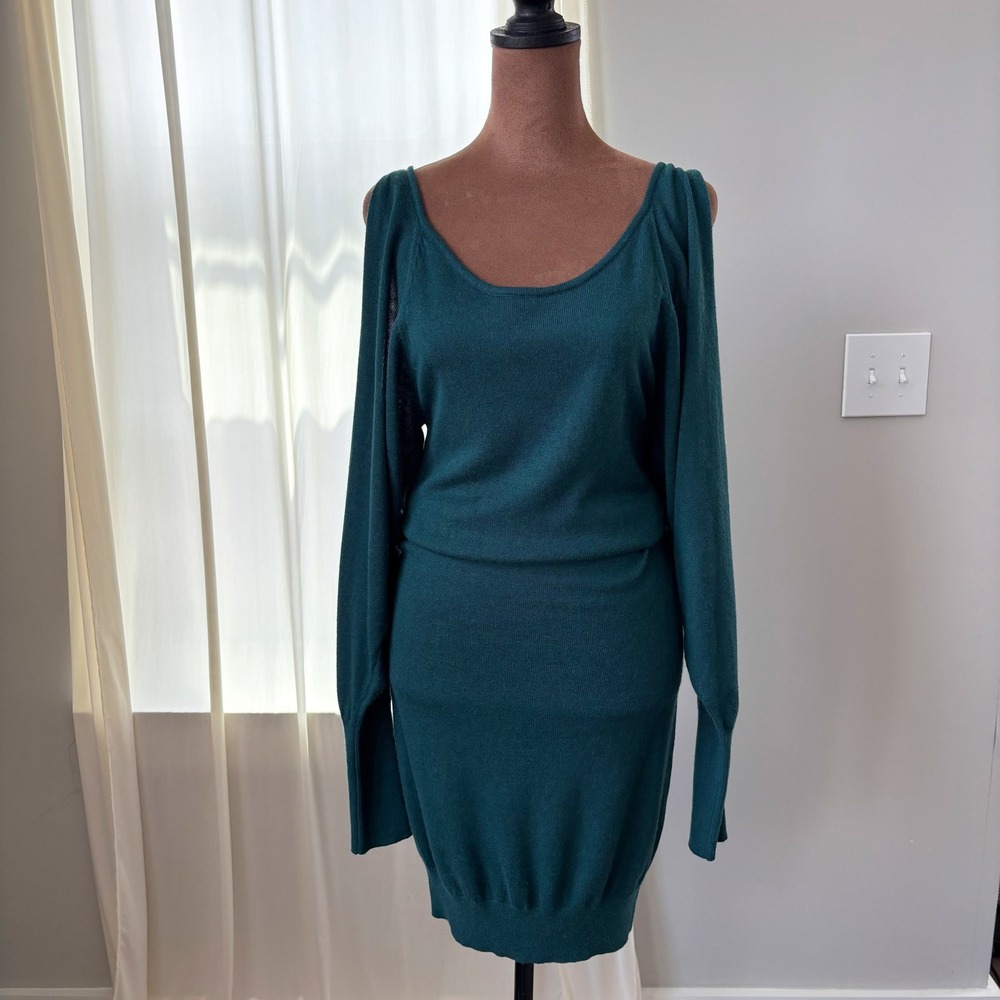 Bebe Sweater Dress M Teal Cold Shoulder Wool Blend Bodycon Workwear Fall Office